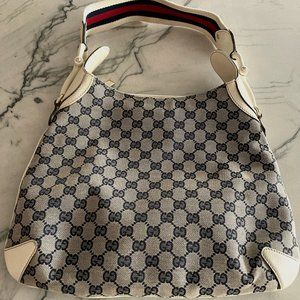 Gucci GG Off White and Navy Canvas/Leather Guccissima Creole Hobo - LIKE NEW